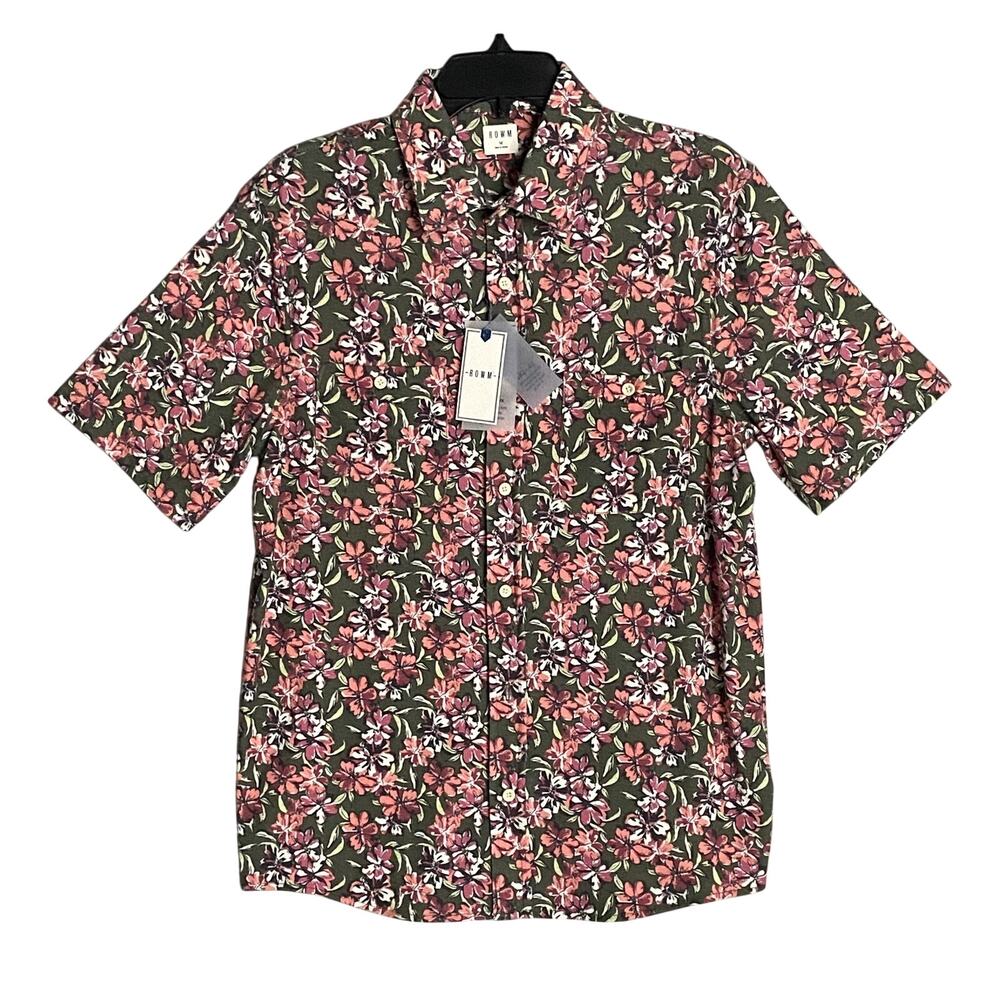 Rowm Men's Shirt Medium Casual Short Sleeve Pockets Pink Gray Floral UPF 30+ NEW - Picture 2 of 15